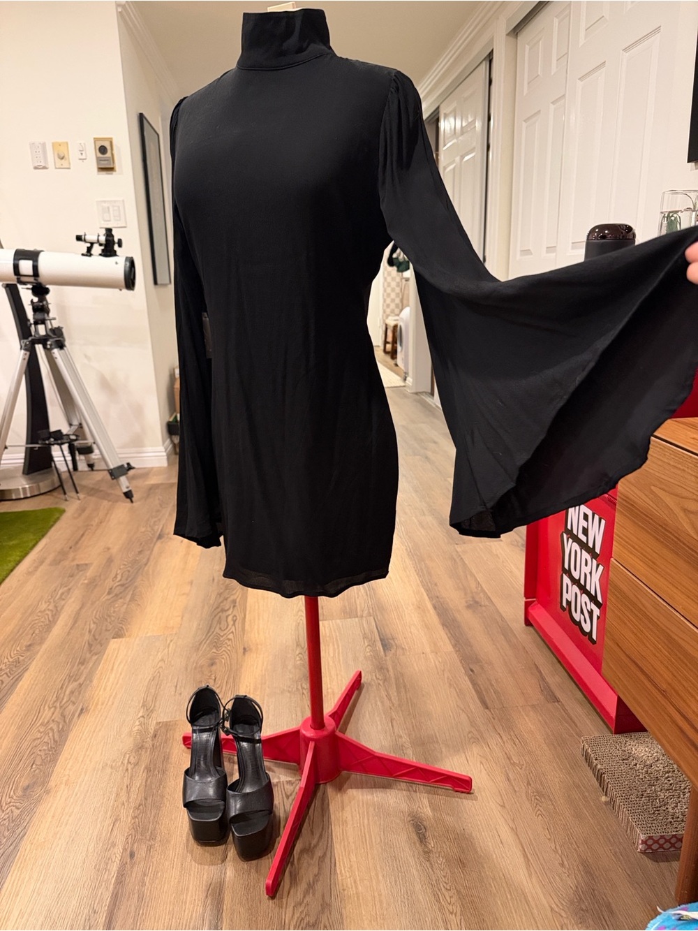 Dramatic Black Bell Sleeve Mini Dress
